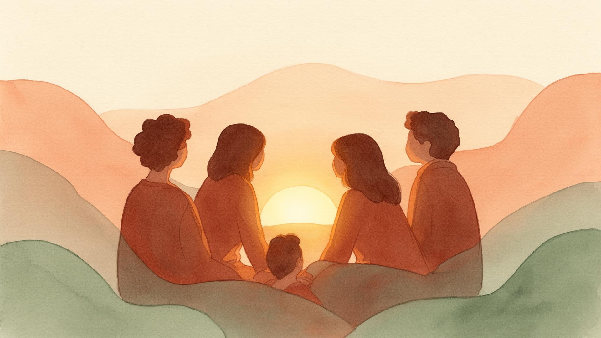 An illustration of a small circle of friends watching a warm sunset together
